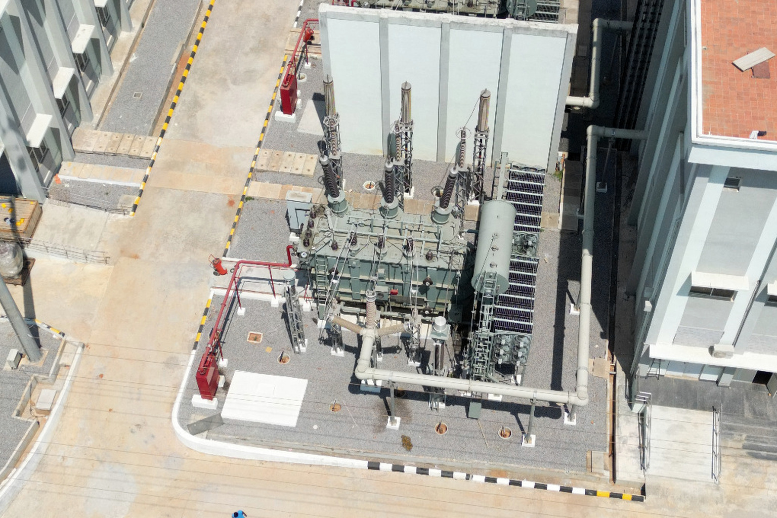 Aerial view of an electrical transformer installation